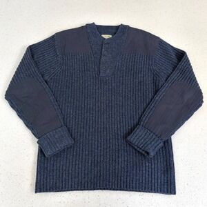 LL Bean Mens Wool Henley Sweater‎ Dark Blue Elbow Patch Ribbed Knit Workwear M